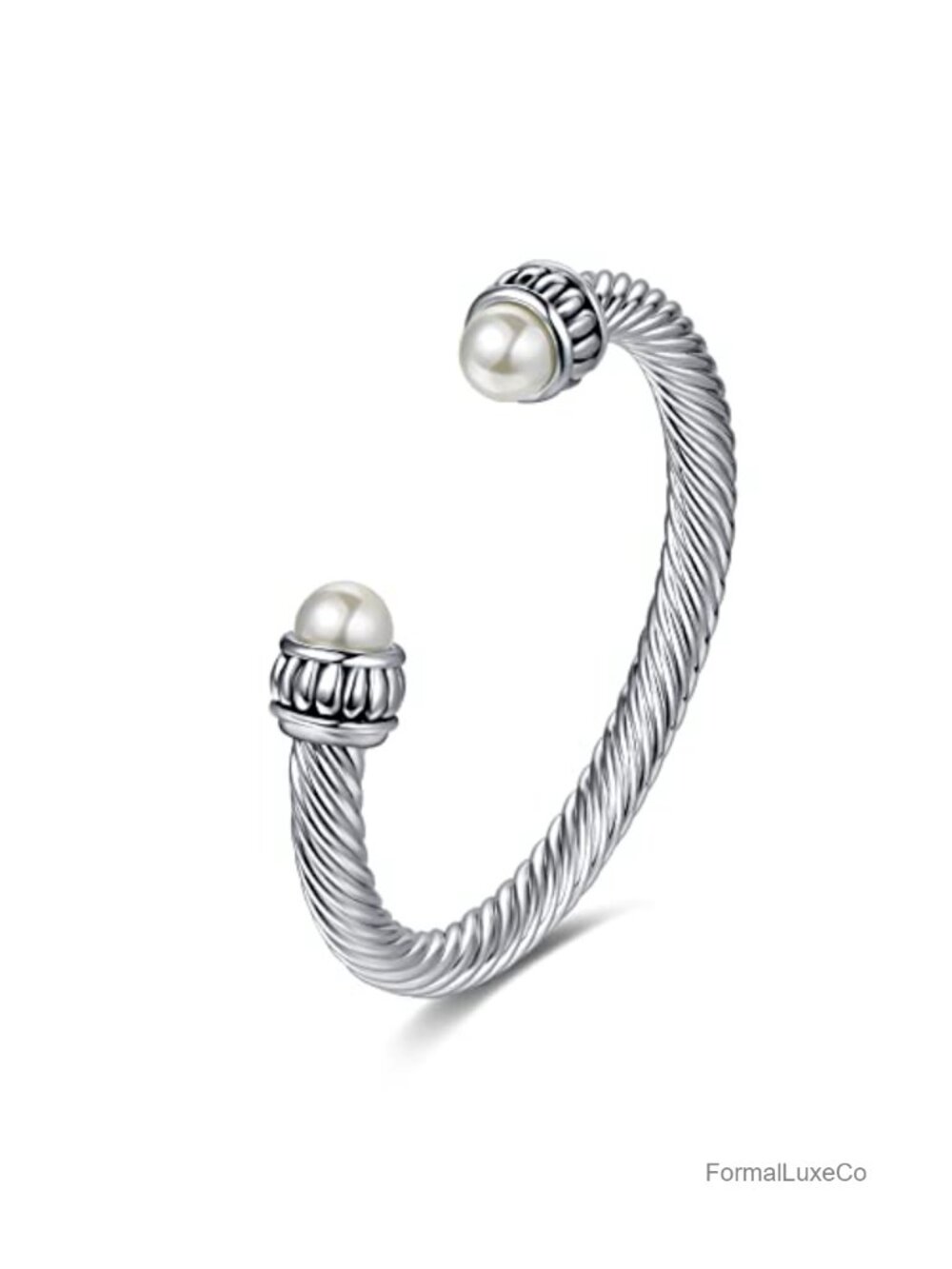 Twisted Cable Wire Caviar Imitation Pearl Cuff Bangle - Spring Open